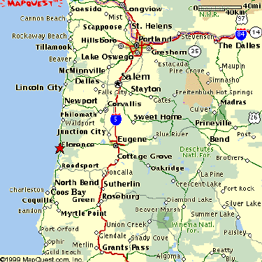 Map of Oregon showing the location of Florence on the coast 60 miles west of Eugene!